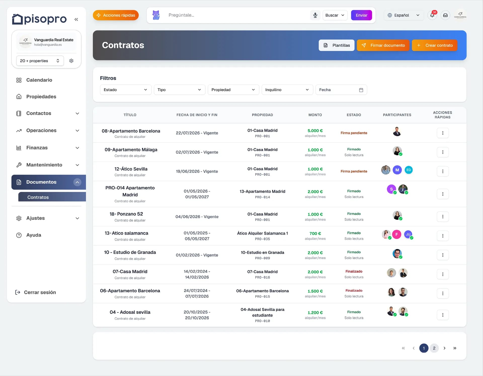 Captura de pisopro: documentos y contratos, software de gestión inmobiliaria